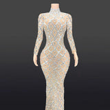 Sparkly Silver Big Rhinestone Transparent Long Dress Evening Birthday Celebrate Luxurious Costume Dancer Flashing Dress