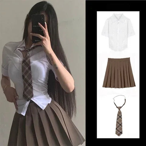 Spicy Girl Uniform Suit Student Daily Japanese JK Uniform Set Women Long Sleeved Slim White Shirt Mini Pleated Skirt Summer