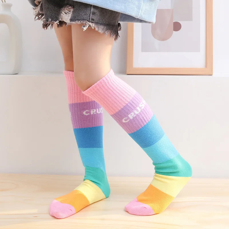 Spring Autumn Girls Cotton Socks Rainbow Multicolor Kids Children Knee High Socks Stripe Leg Warmers Infant Girl Long Knee Socks