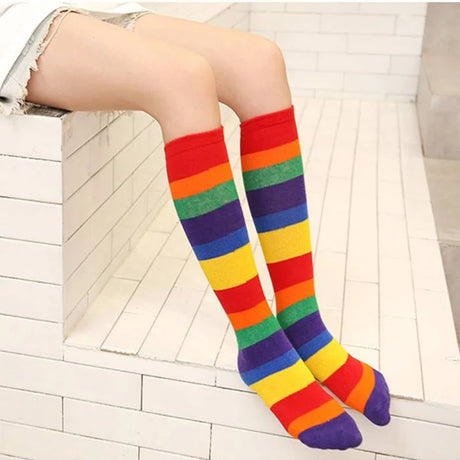 Spring Autumn Girls Cotton Socks Rainbow Multicolor Kids Children Knee High Socks Stripe Leg Warmers Infant Girl Long Knee Socks