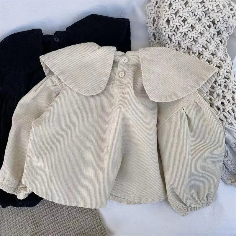 Spring New Baby Girl Long Sleeve Corduroy Shirts Infant Ruffled Collar Tops Toddler Girls Flower Embroidery Shirts Kids Clothes