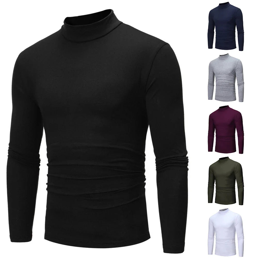 Spring New Slim Thermal Underwear Men's Fashion Long-sleeve Fleece Warm Half-high Collar Bottoming Top Casual Pullover T-Shirt