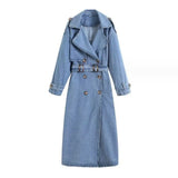 Spring and Autumn X-Long  Denim Trench Coats For Women Belt On Waist Slim Jean Coats Ladies Feminina Blue Jean Jacket Woman