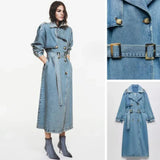 Spring and Autumn X-Long  Denim Trench Coats For Women Belt On Waist Slim Jean Coats Ladies Feminina Blue Jean Jacket Woman