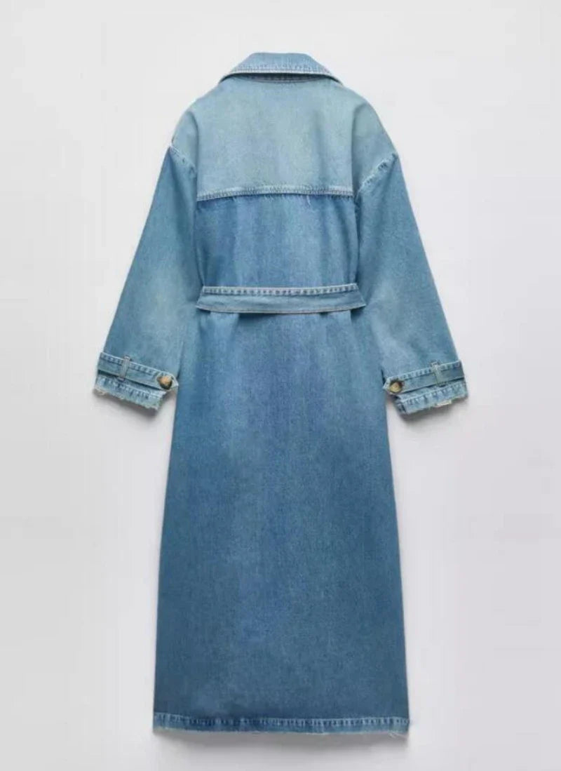 Spring and Autumn X-Long  Denim Trench Coats For Women Belt On Waist Slim Jean Coats Ladies Feminina Blue Jean Jacket Woman