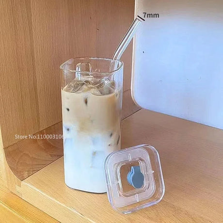 Square Heat Resistant Coffee Glass Cup With Lid and Straw Transparent Milk Tea Juice Cups Coffee Mug For Home Bar Drinkwares