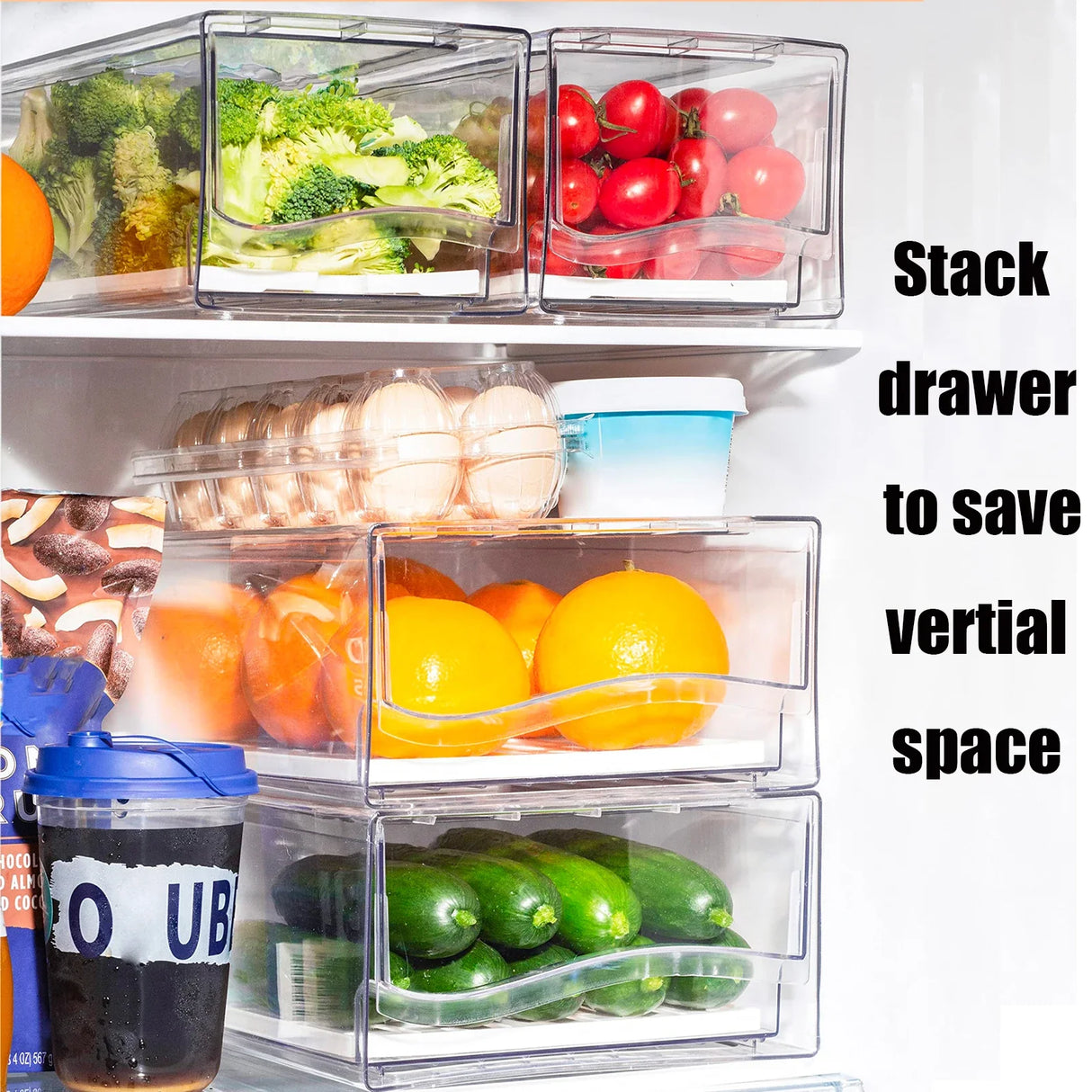 Stackable Refrigerator Organizer Bins, Reusable Food Storage Containers, Fridge Drawer Organizer in Home Kitchen, Restaurant