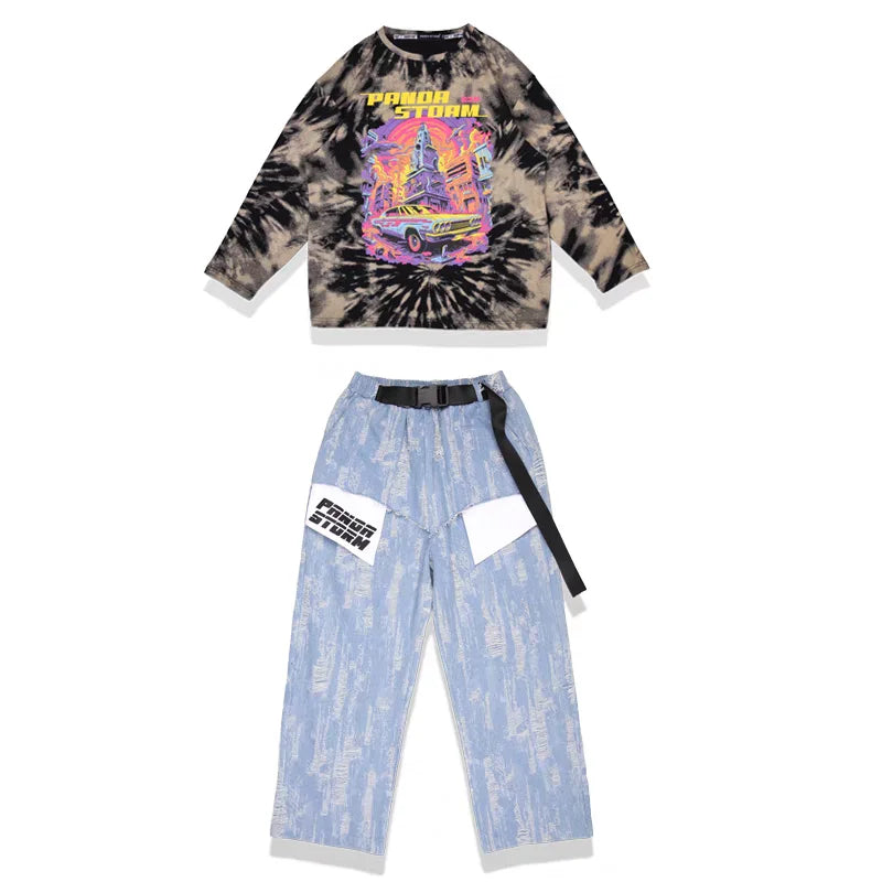 Street Dance Kids Hip Hop Clothing Girls Boys Tie Dye Sweatshirt Cargo Pants Casual Rave Clothes Teenagers Loose Practice Wear