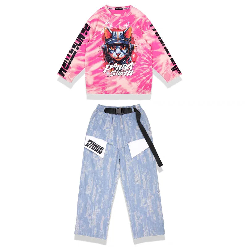 Street Dance Kids Hip Hop Clothing Girls Boys Tie Dye Sweatshirt Cargo Pants Casual Rave Clothes Teenagers Loose Practice Wear