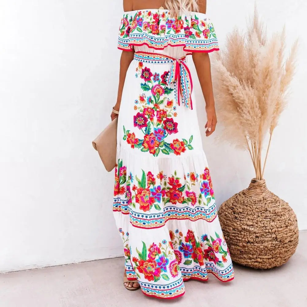 Summer Dress Print Vintage Long Dresses For Women Sexy Off-Shoulder Ruffle Fashion Boho Party Maxi Dress Ladies Beach Sundress