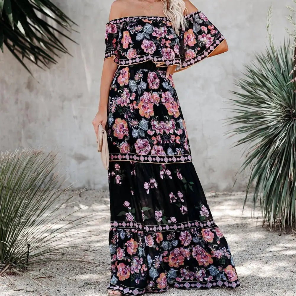 Summer Dress Print Vintage Long Dresses For Women Sexy Off-Shoulder Ruffle Fashion Boho Party Maxi Dress Ladies Beach Sundress