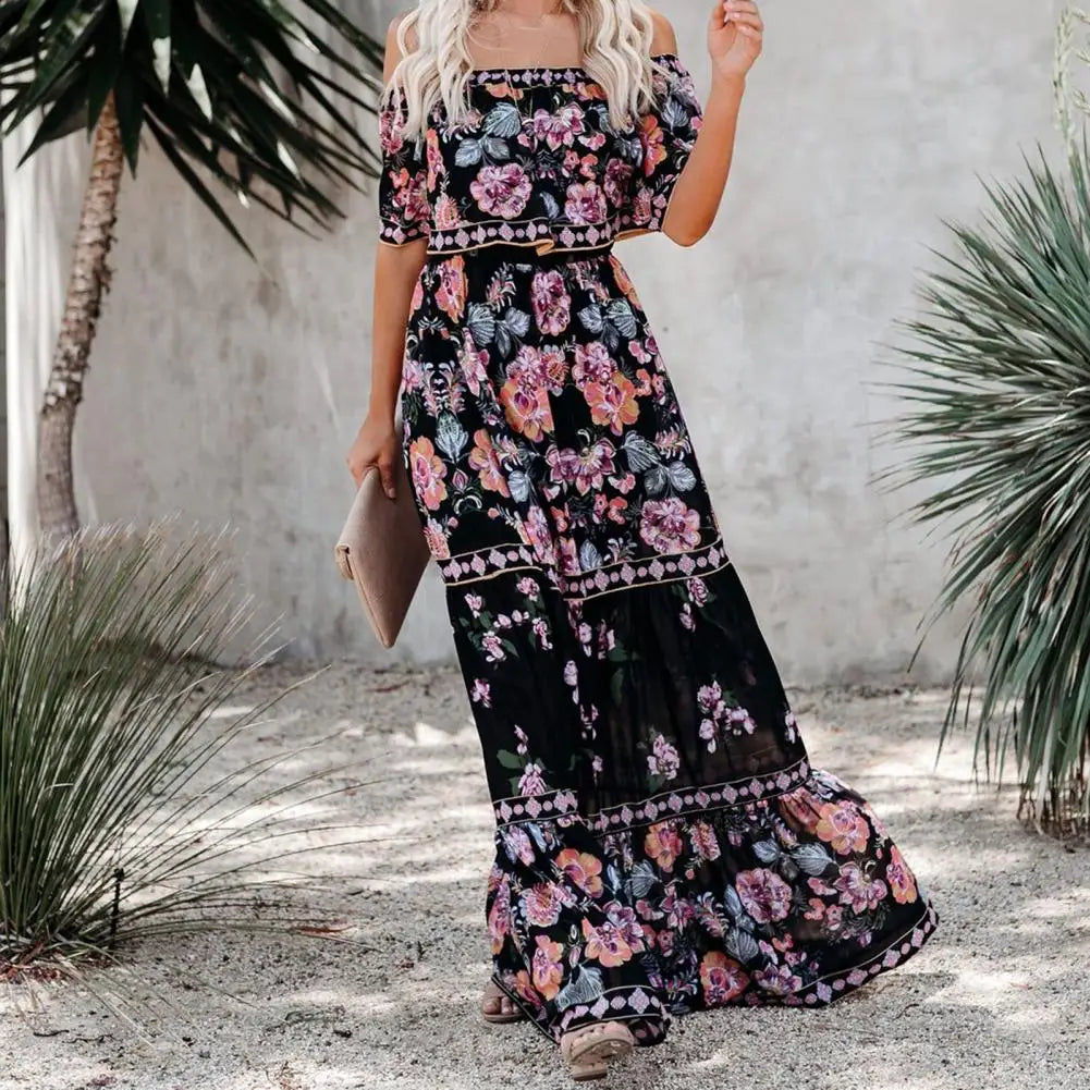 Summer Dress Print Vintage Long Dresses For Women Sexy Off-Shoulder Ruffle Fashion Boho Party Maxi Dress Ladies Beach Sundress