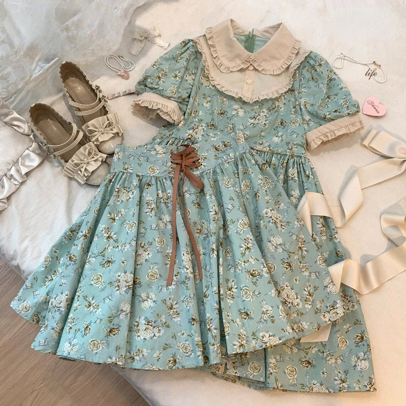 Summer Green Kawaii Mini Dress Women Sweet Ruffles Peter Pan Collar Lolita Dresses Female Flower Print Princess Cute Dress 2023