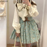 Summer Green Kawaii Mini Dress Women Sweet Ruffles Peter Pan Collar Lolita Dresses Female Flower Print Princess Cute Dress 2023