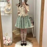 Summer Green Kawaii Mini Dress Women Sweet Ruffles Peter Pan Collar Lolita Dresses Female Flower Print Princess Cute Dress 2023