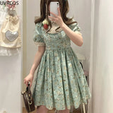 Summer Green Kawaii Mini Dress Women Sweet Ruffles Peter Pan Collar Lolita Dresses Female Flower Print Princess Cute Dress 2023