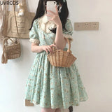 Summer Green Kawaii Mini Dress Women Sweet Ruffles Peter Pan Collar Lolita Dresses Female Flower Print Princess Cute Dress 2023