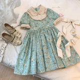 Summer Green Kawaii Mini Dress Women Sweet Ruffles Peter Pan Collar Lolita Dresses Female Flower Print Princess Cute Dress 2023