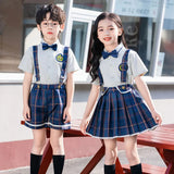 Summer Kindergarten Uniform Boys Girls Pleated Supender With Straps Tie Shorts Graduation Performance Chorus Clothing