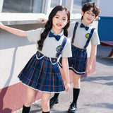 Summer Kindergarten Uniform Boys Girls Pleated Supender With Straps Tie Shorts Graduation Performance Chorus Clothing