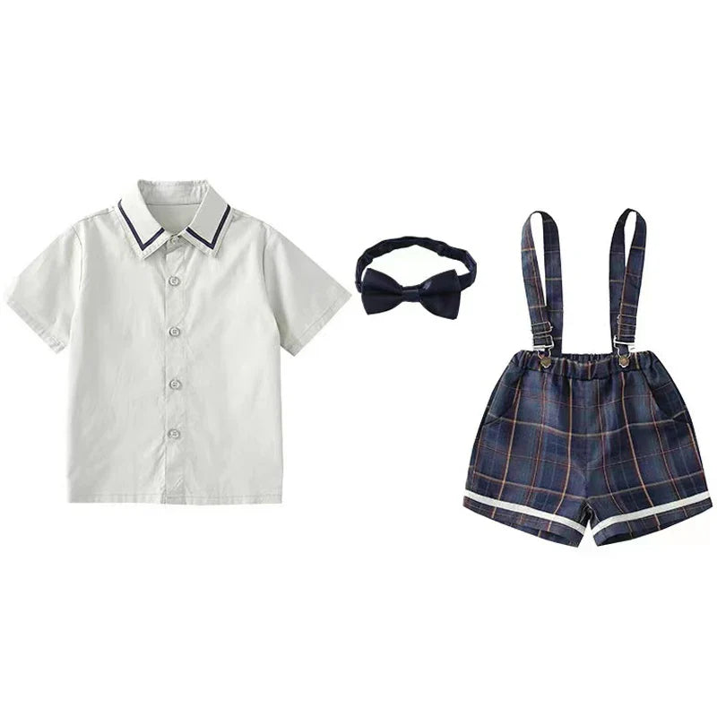 Summer Kindergarten Uniform Boys Girls Pleated Supender With Straps Tie Shorts Graduation Performance Chorus Clothing