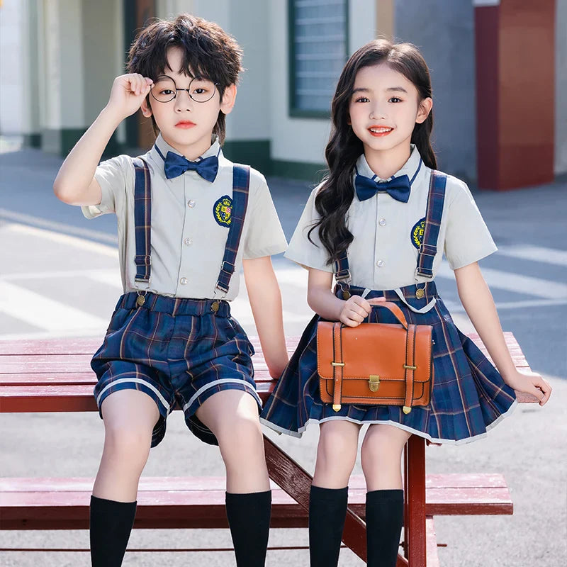 Summer Kindergarten Uniform Boys Girls Pleated Supender With Straps Tie Shorts Graduation Performance Chorus Clothing