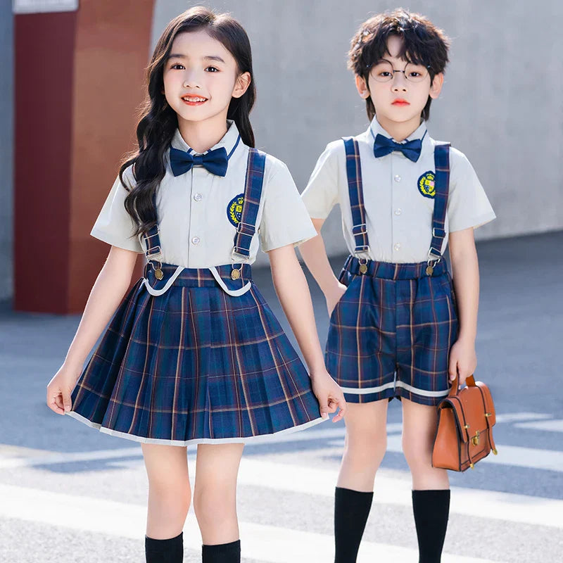 Summer Kindergarten Uniform Boys Girls Pleated Supender With Straps Tie Shorts Graduation Performance Chorus Clothing