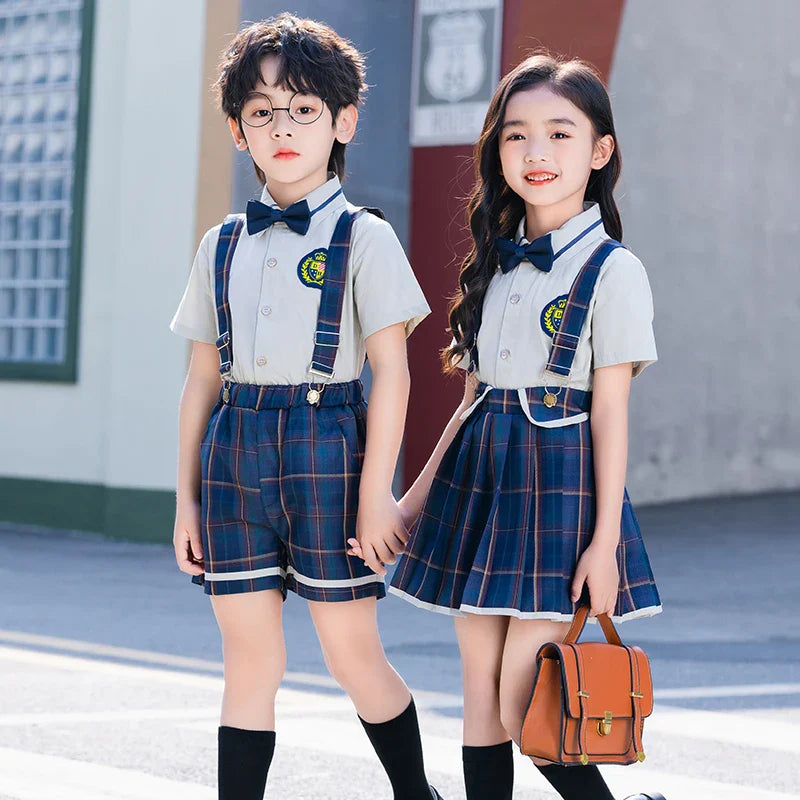 Summer Kindergarten Uniform Boys Girls Pleated Supender With Straps Tie Shorts Graduation Performance Chorus Clothing