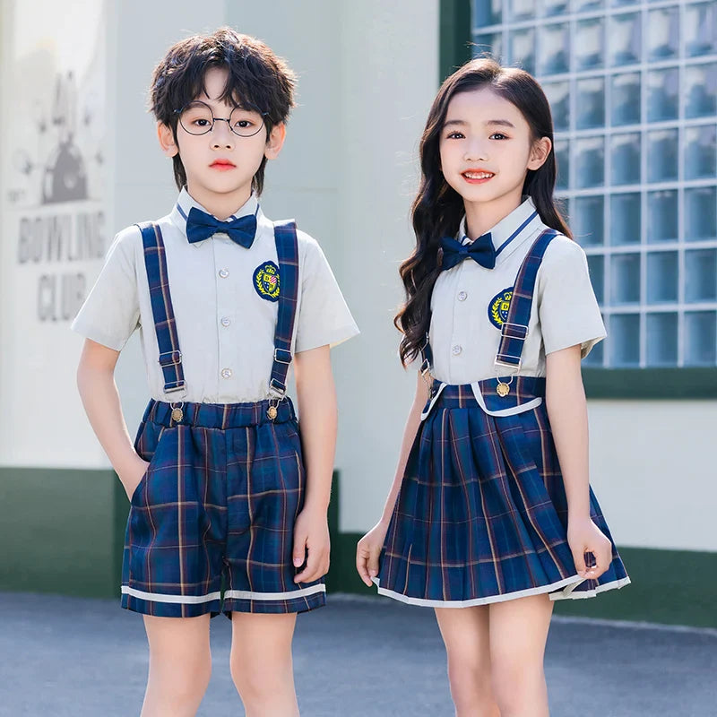 Summer Kindergarten Uniform Boys Girls Pleated Supender With Straps Tie Shorts Graduation Performance Chorus Clothing