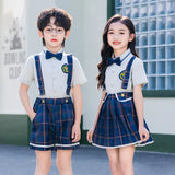 Summer Kindergarten Uniform Boys Girls Pleated Supender With Straps Tie Shorts Graduation Performance Chorus Clothing