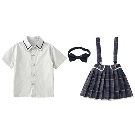 Summer Kindergarten Uniform Boys Girls Pleated Supender With Straps Tie Shorts Graduation Performance Chorus Clothing