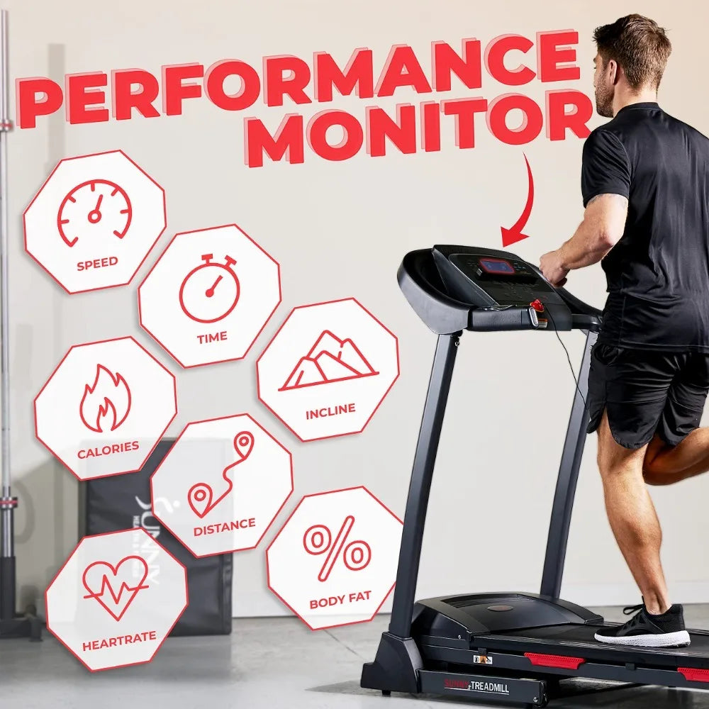 Sunny Health & Fitness Premium Folding Incline Treadmill with Pulse Sensors, One-Touch Speed Buttons, Shock Absorption