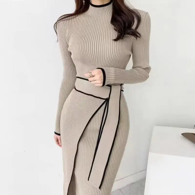 Sweater Midi Dress For Woman Clothes Casual Autumn Winter Knitted Korean Slim Long Sleeve Elegance OL Sweet Female Clothing