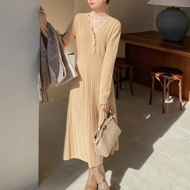 Sweater Midi Dress For Woman Clothes Casual Autumn Winter Knitted Korean Slim Long Sleeve Elegance OL Sweet Female Clothing