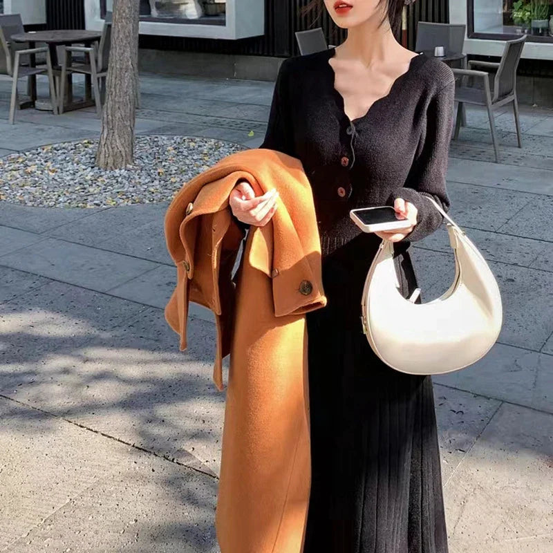 Sweater Midi Dress For Woman Clothes Casual Autumn Winter Knitted Korean Slim Long Sleeve Elegance OL Sweet Female Clothing