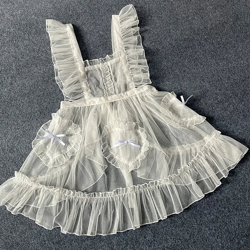 Sweet Lolita Apron Sheer Cover up Dress w. Heart Shaped Pockets