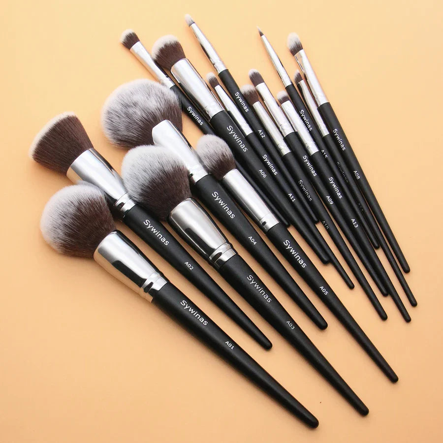 Sywinas Makeup Brush Set Kit 15pcs High Quality Black Natural Synthetic Hair Professional Makeup Brushes Tools