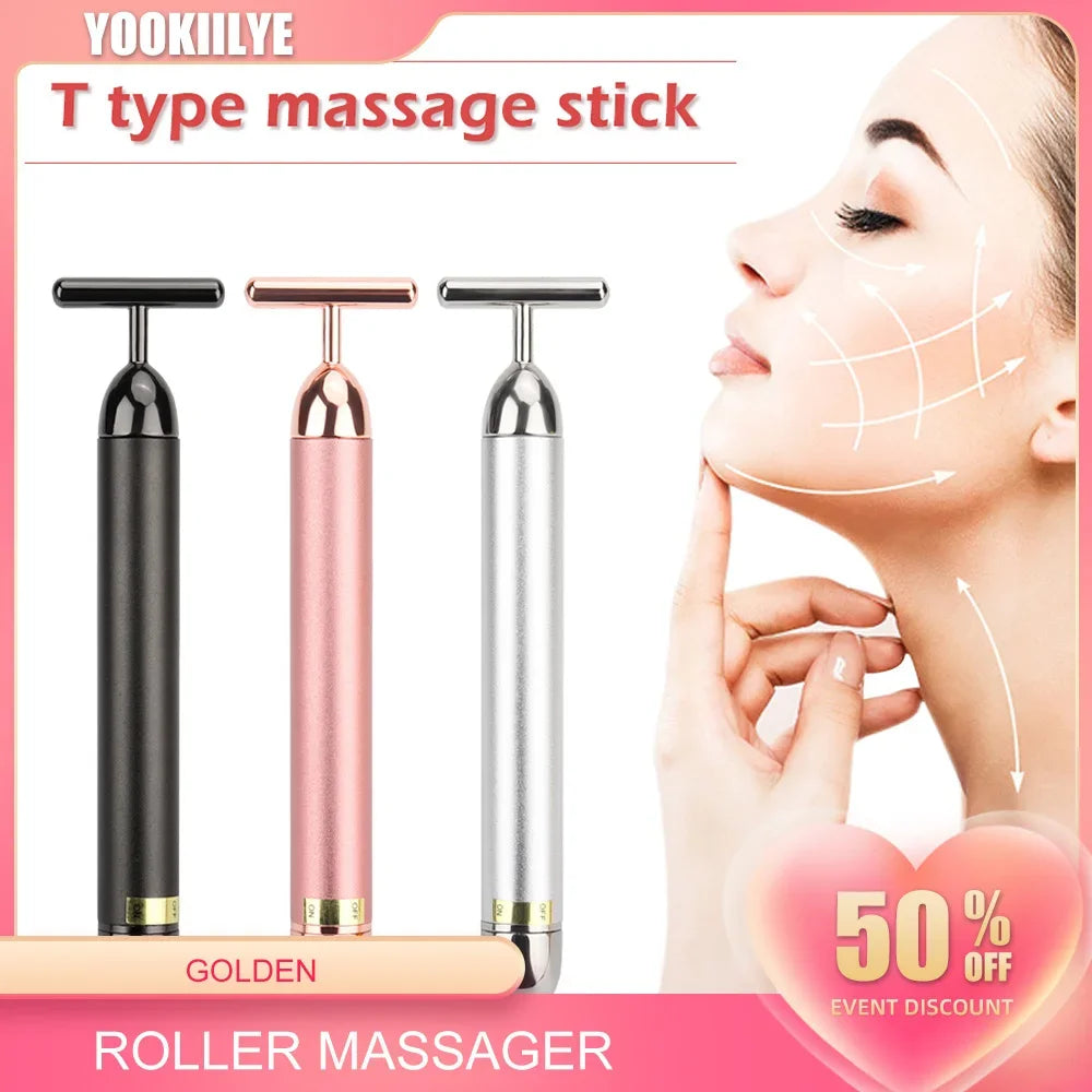 T-Shape 24k Energy Beauty Bar Vibrating Facial Roller Massager Face-lift Device Skin Tightening Anti-wrinkle Massage Roller Tool