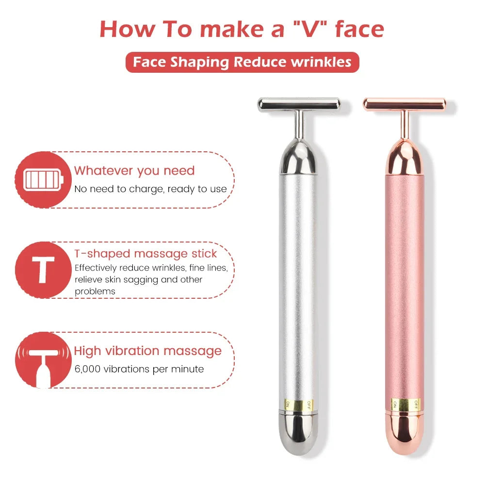 T-Shape 24k Energy Beauty Bar Vibrating Facial Roller Massager Face-lift Device Skin Tightening Anti-wrinkle Massage Roller Tool