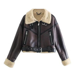 TRAF Winter Women Streetwear Faux Lamb Leather Fur Short Jacket with Belt Moto Biker Thick Warm Sheepskin Coat Outwear