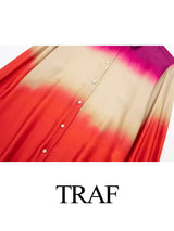 TRAF Women's Fashion Autumn Suit Tie Dye Turn-Down Collar Long Sleeve Single Breasted Blouse+Gradient Zipper Wide Leg Pants