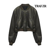 TRAF ZR Woman Faux Fur Coat Zipper Leather Jackets Perfecto Leather New In Outerwears Aviator Woman Y2K High Street Long Sleeve