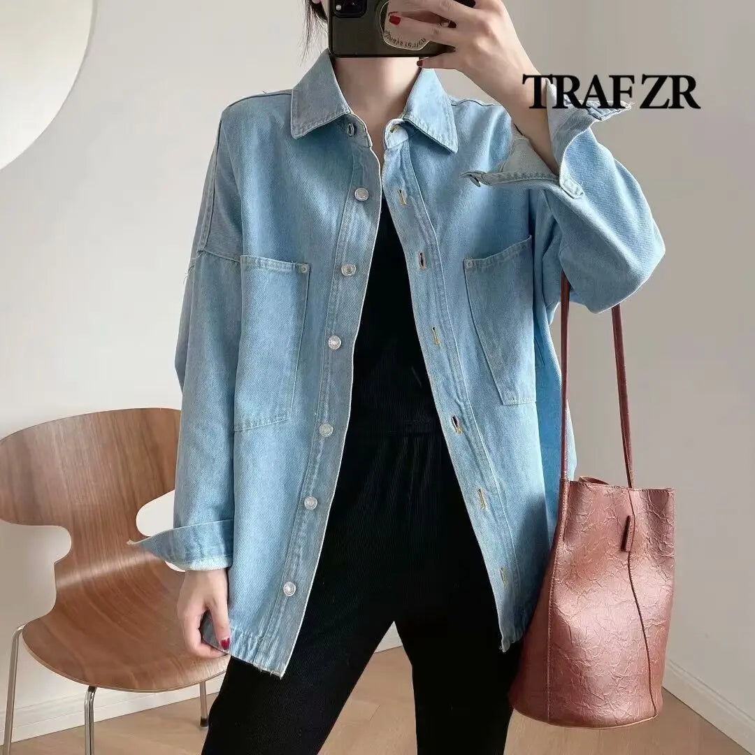 TRAF ZR Women's Denim Jackets New in Outerwear Jeans Long Sleeve Bomber Jackets Spring Harajuku Y2k Fashion Korea Denim Shirt