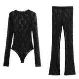 TRAFZA 2023 Summer Lace Suits For Women Trend Long Sleeves Hollow Out Slim Bodysuits + Elastic Waist Long Women's Leggings