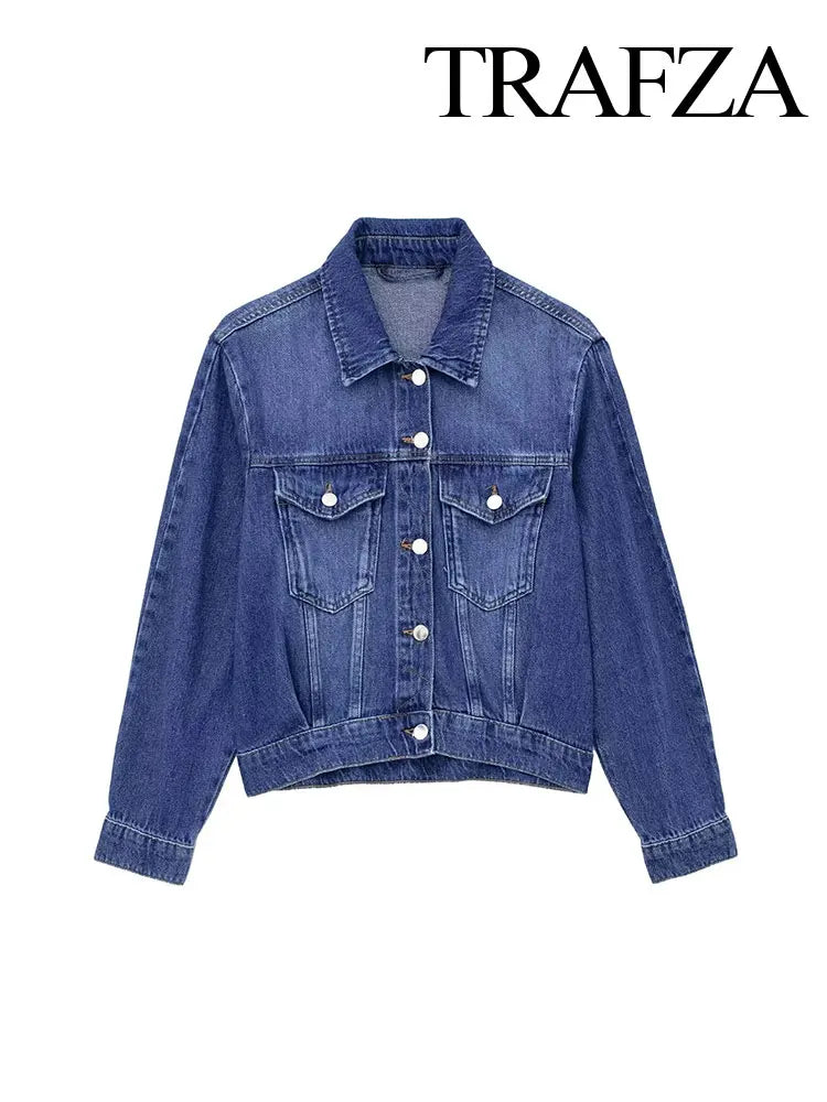 TRAFZA 2024 Spring New Women's Retro Street Denim Jacket Fashion Lapel Single-Breasted Round Neck Pocket Top Women's Chic Jacket