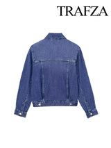 TRAFZA 2024 Spring New Women's Retro Street Denim Jacket Fashion Lapel Single-Breasted Round Neck Pocket Top Women's Chic Jacket