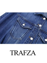 TRAFZA 2024 Spring New Women's Retro Street Denim Jacket Fashion Lapel Single-Breasted Round Neck Pocket Top Women's Chic Jacket