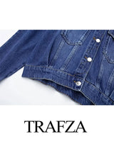 TRAFZA 2024 Spring New Women's Retro Street Denim Jacket Fashion Lapel Single-Breasted Round Neck Pocket Top Women's Chic Jacket