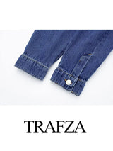 TRAFZA 2024 Spring New Women's Retro Street Denim Jacket Fashion Lapel Single-Breasted Round Neck Pocket Top Women's Chic Jacket