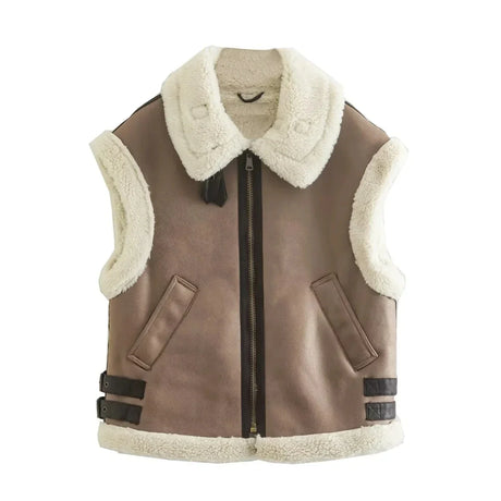 TRAFZA Winter Fur Vest Women Faux Sheepskin Fur Waistcoat Chic Lady Faux Leather Fleece Warm Vest Woman Sleeveless Jacket